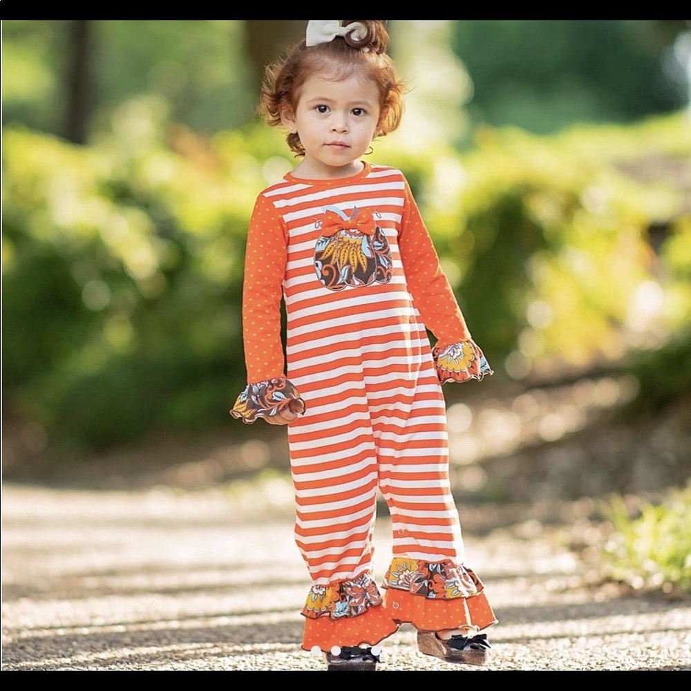 Autumn Pumpkin Striped Romper by AnnLoren